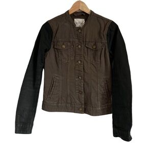 H&M L.O.G.G. Women’s Army Green Mandarin Collar Jean Jacket with Black S…